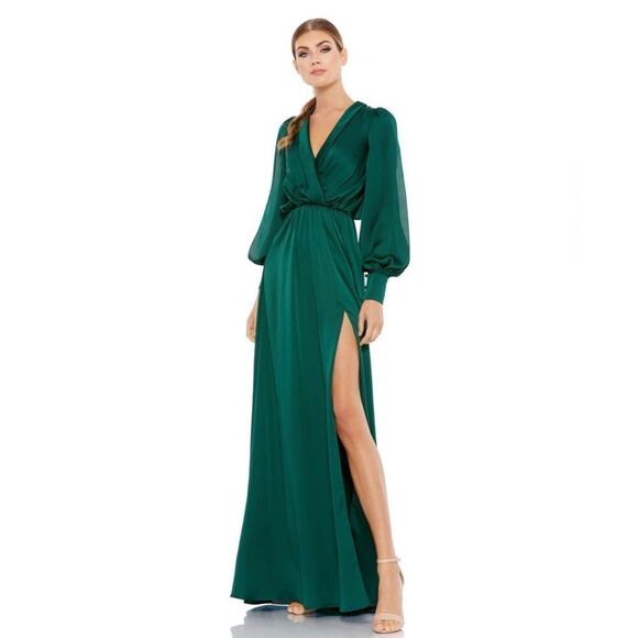 BISHOP SLEEVE FAUX WRAP GOWN - Picture 1 of 3